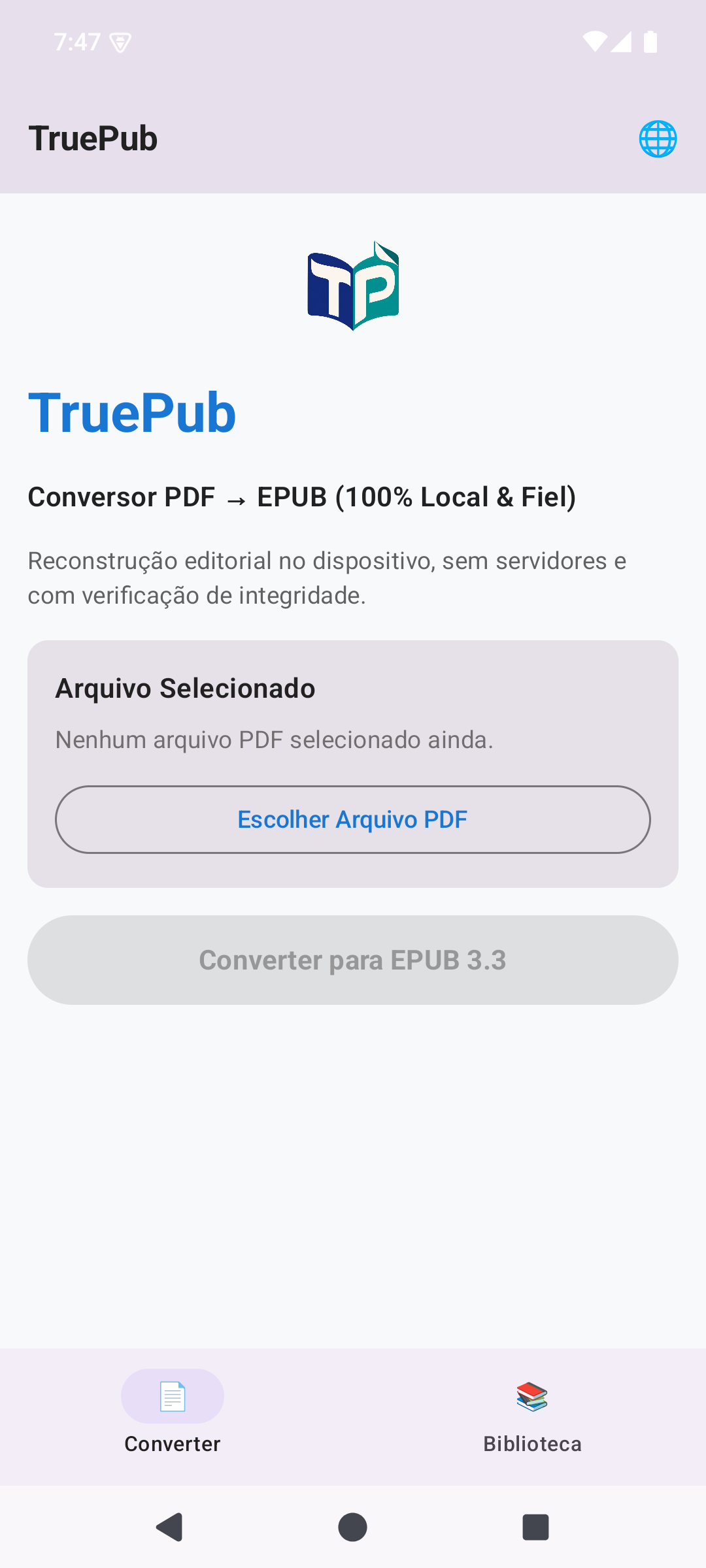 Tela inicial de conversão do TruePub